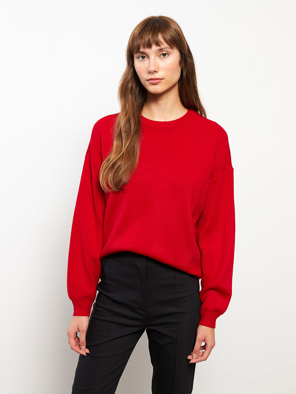 Kırmızı Bisiklet Yaka Düz Uzun Kollu Kadın Triko Kazak