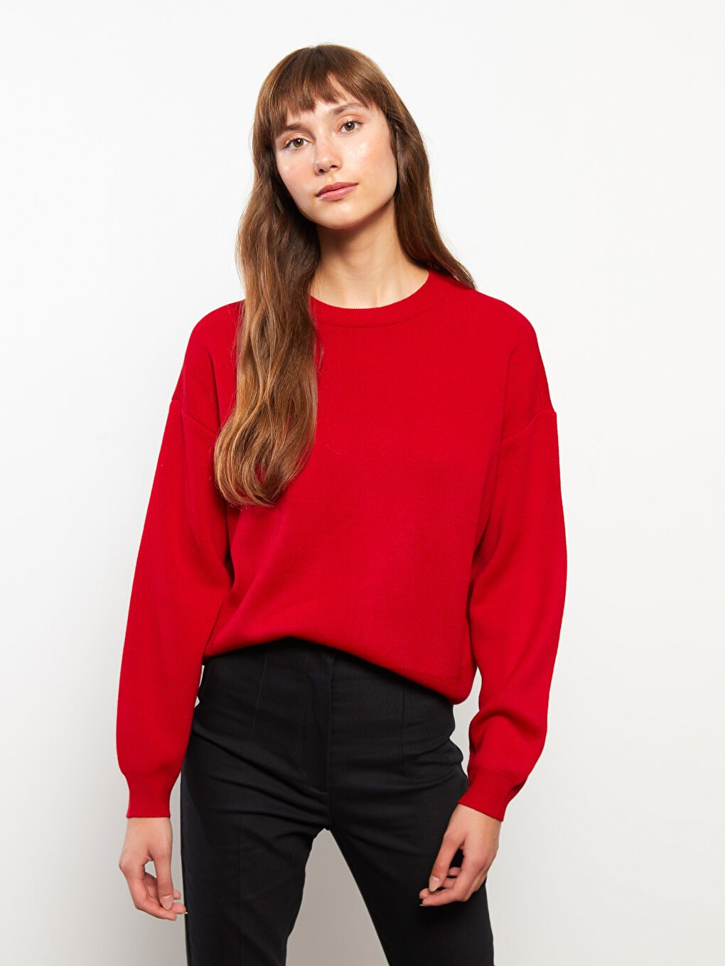 Kırmızı Bisiklet Yaka Düz Uzun Kollu Kadın Triko Kazak-1