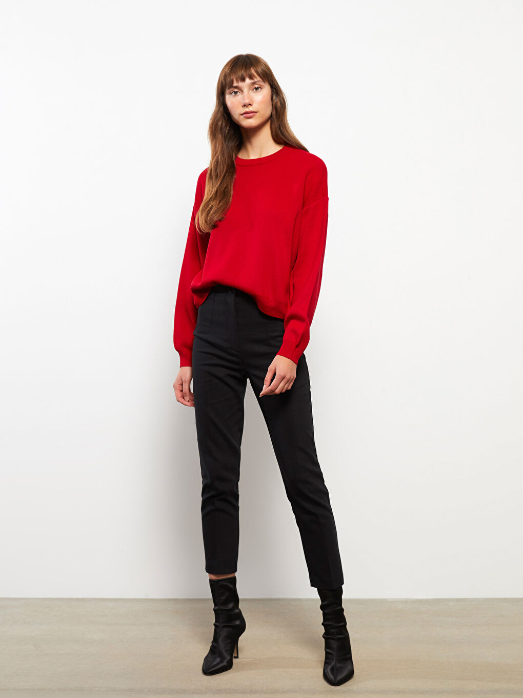 Kırmızı Bisiklet Yaka Düz Uzun Kollu Kadın Triko Kazak-2