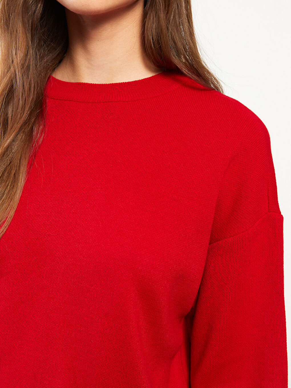 Kırmızı Bisiklet Yaka Düz Uzun Kollu Kadın Triko Kazak-3