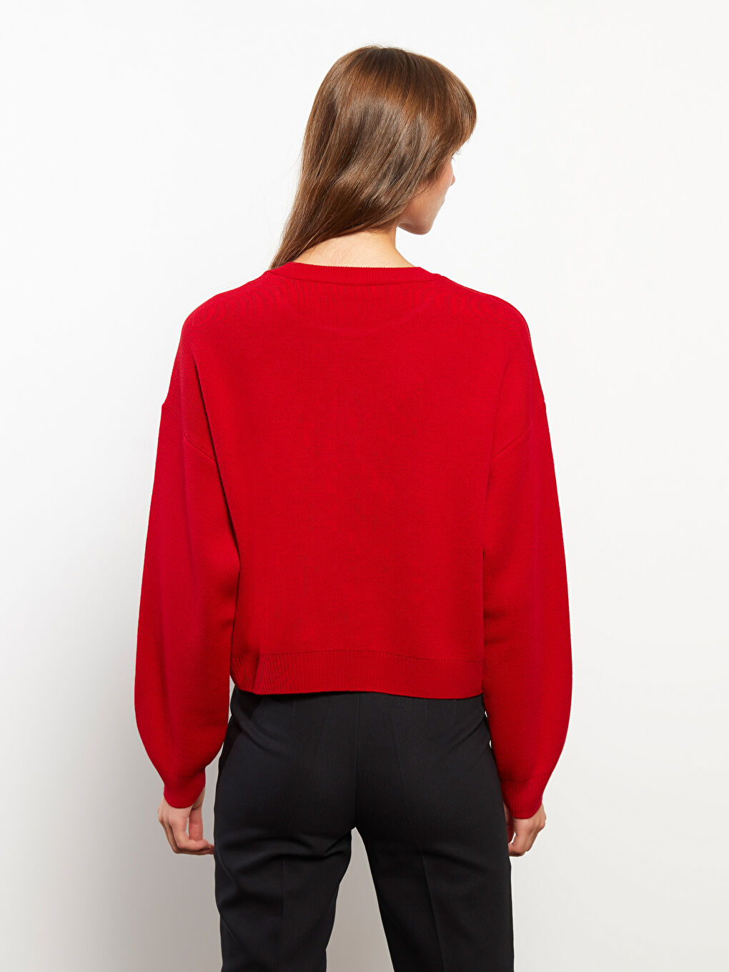 Kırmızı Bisiklet Yaka Düz Uzun Kollu Kadın Triko Kazak-4