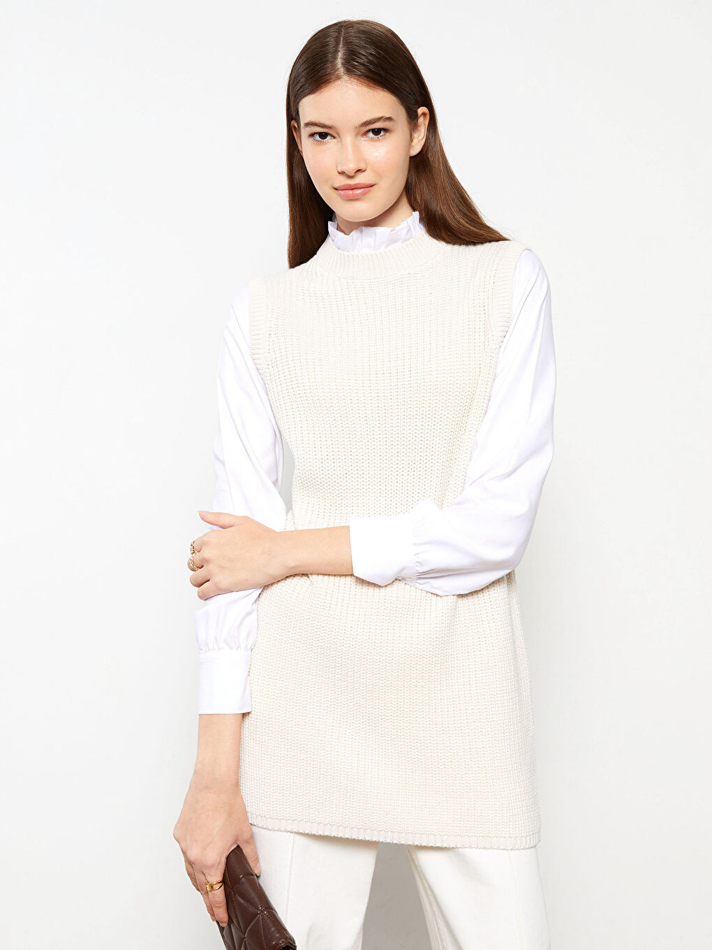 Bej Fırfır Yaka Düz Uzun Kollu Kadın Tunik-1