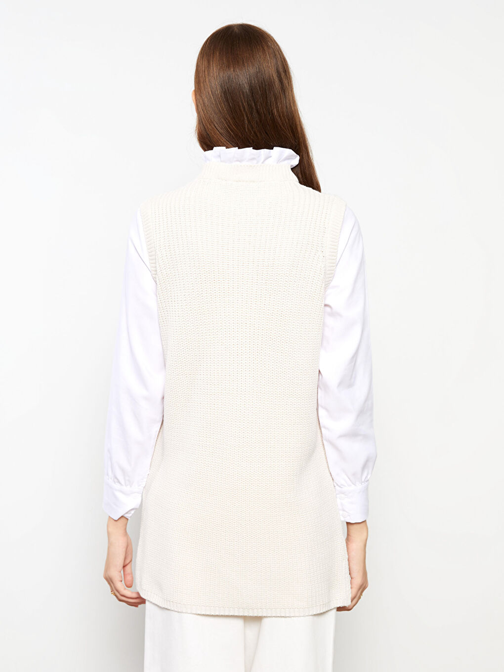 Bej Fırfır Yaka Düz Uzun Kollu Kadın Tunik-8