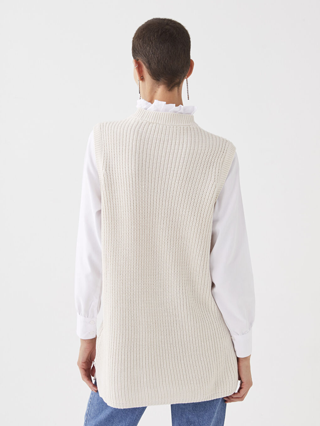 Bej Fırfır Yaka Düz Uzun Kollu Kadın Tunik-6