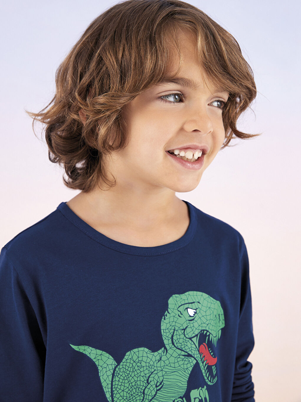 Lacivert Bisiklet Yaka Baskılı Uzun Kollu Erkek Çocuk Pijama Takımı-1