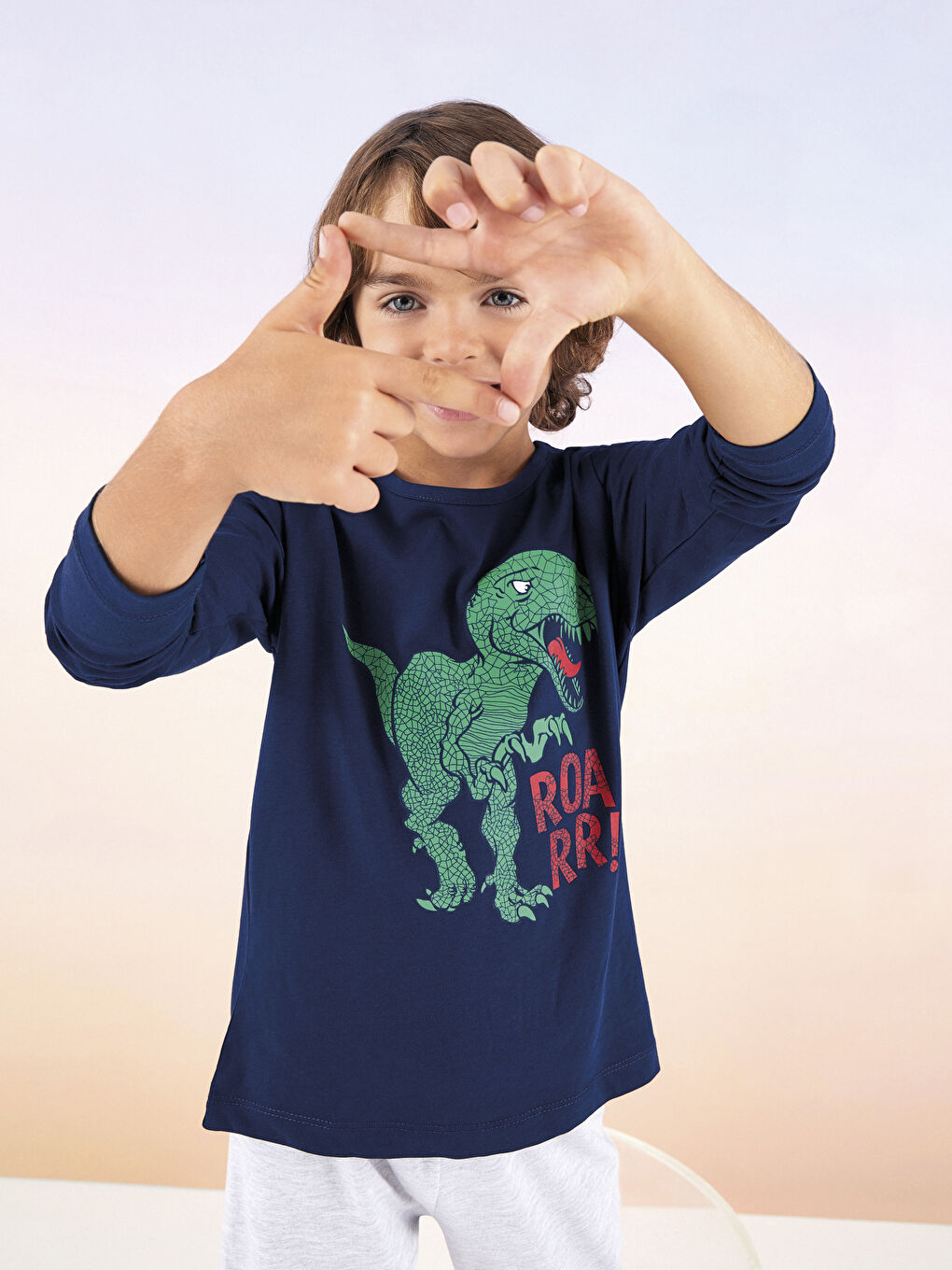 Lacivert Bisiklet Yaka Baskılı Uzun Kollu Erkek Çocuk Pijama Takımı-2