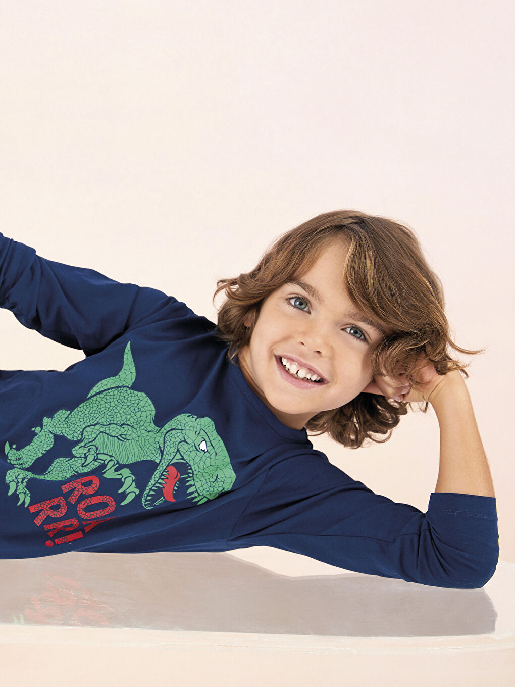 Lacivert Bisiklet Yaka Baskılı Uzun Kollu Erkek Çocuk Pijama Takımı-3