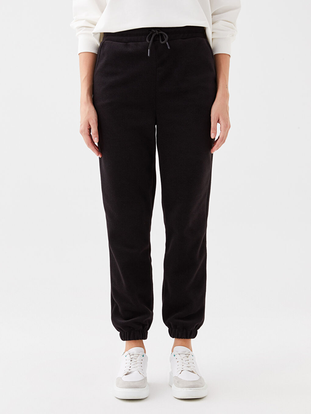 Siyah Beli Lastikli Düz Polar Kadın Jogger Eşofman Altı-2