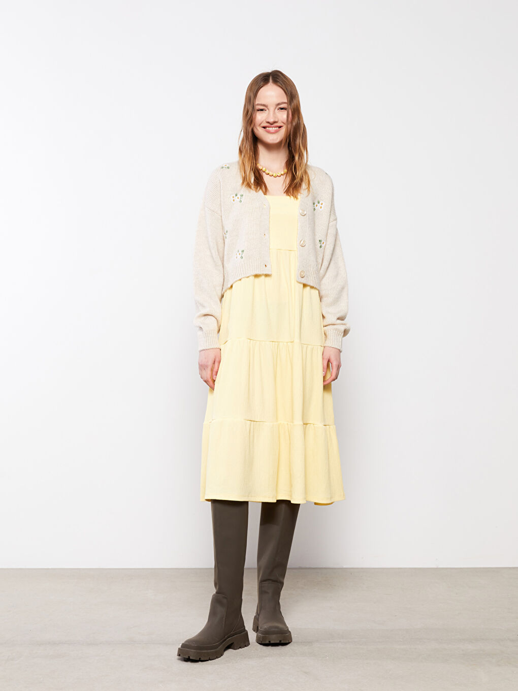 Crew Neck Embroidered Long Sleeve Women's Tricot Cardigan