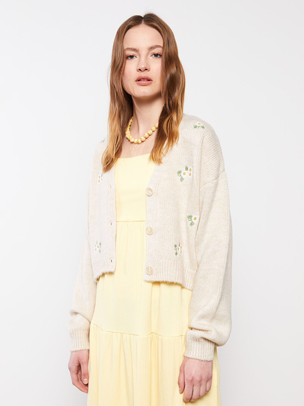 Crew Neck Embroidered Long Sleeve Women's Tricot Cardigan-1