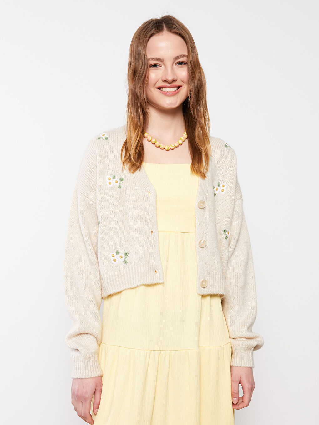 Crew Neck Embroidered Long Sleeve Women's Tricot Cardigan-2