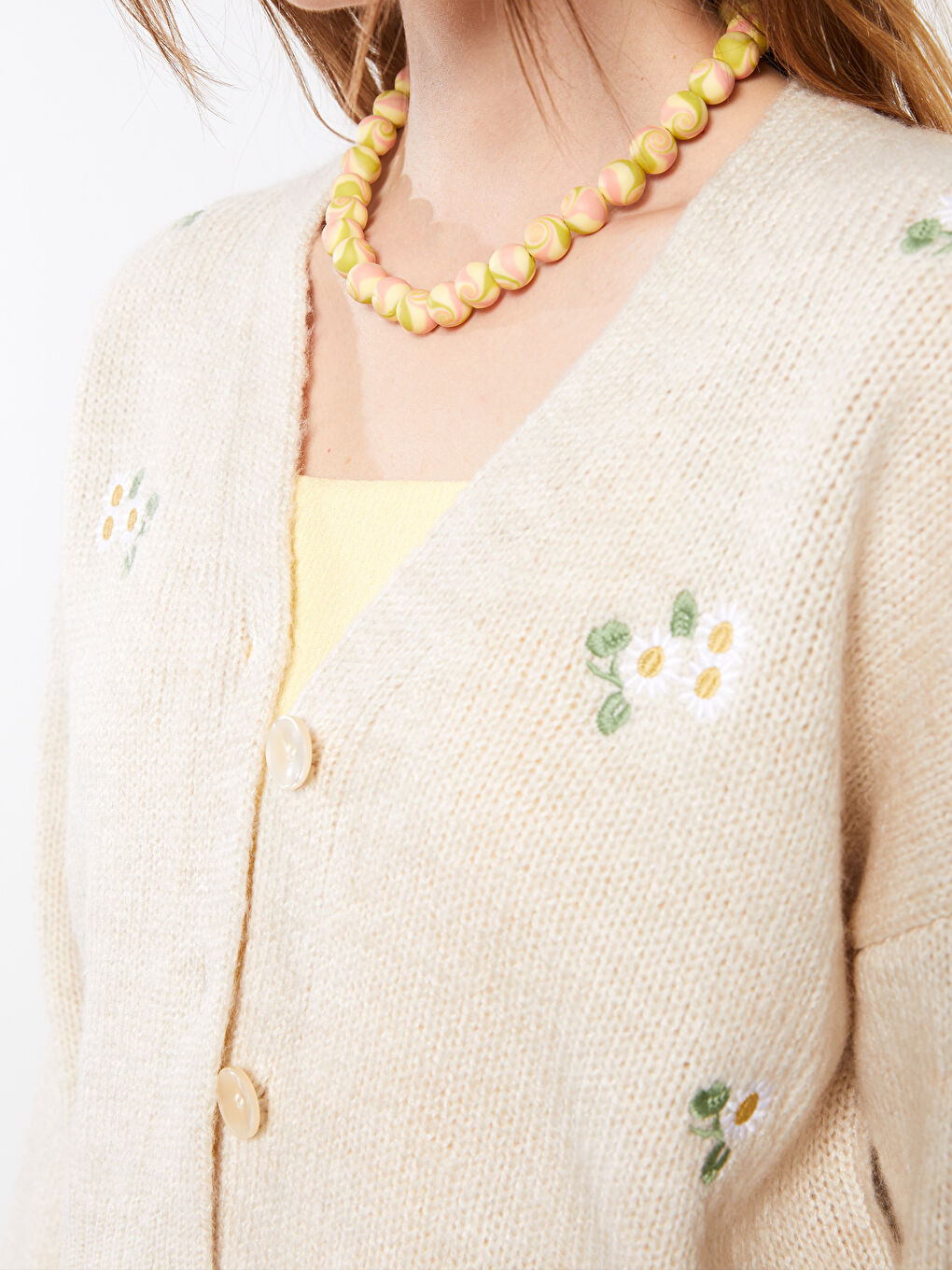 Crew Neck Embroidered Long Sleeve Women's Tricot Cardigan-3