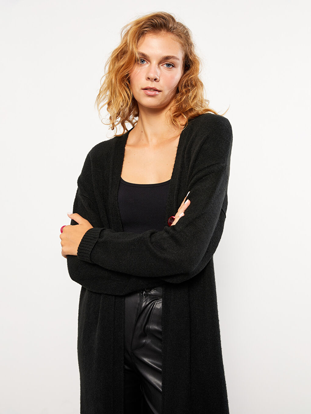 Siyah Şal Yaka Düz Uzun Kollu Kadın Triko Hırka-2