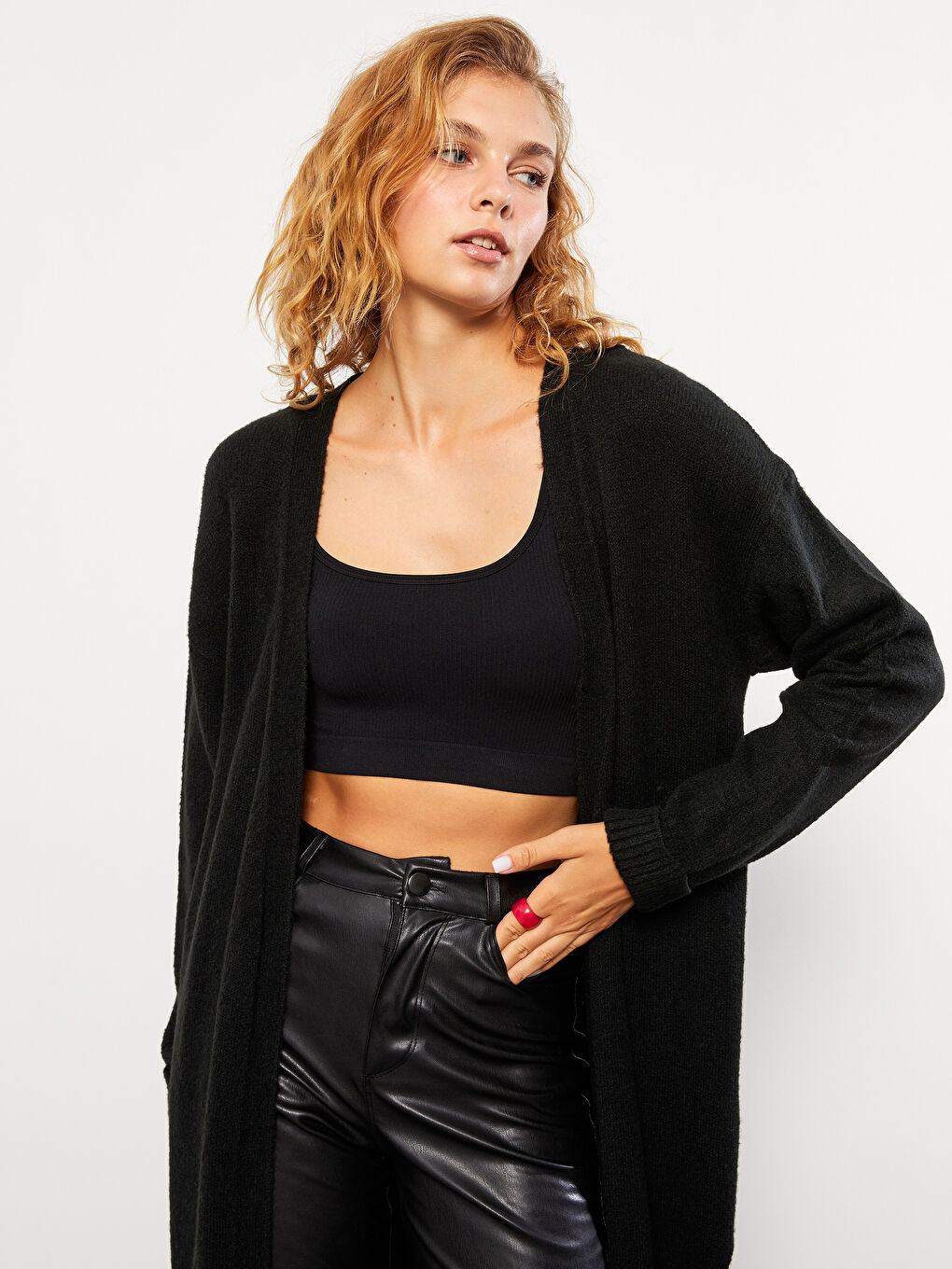 Siyah Şal Yaka Düz Uzun Kollu Kadın Triko Hırka-3