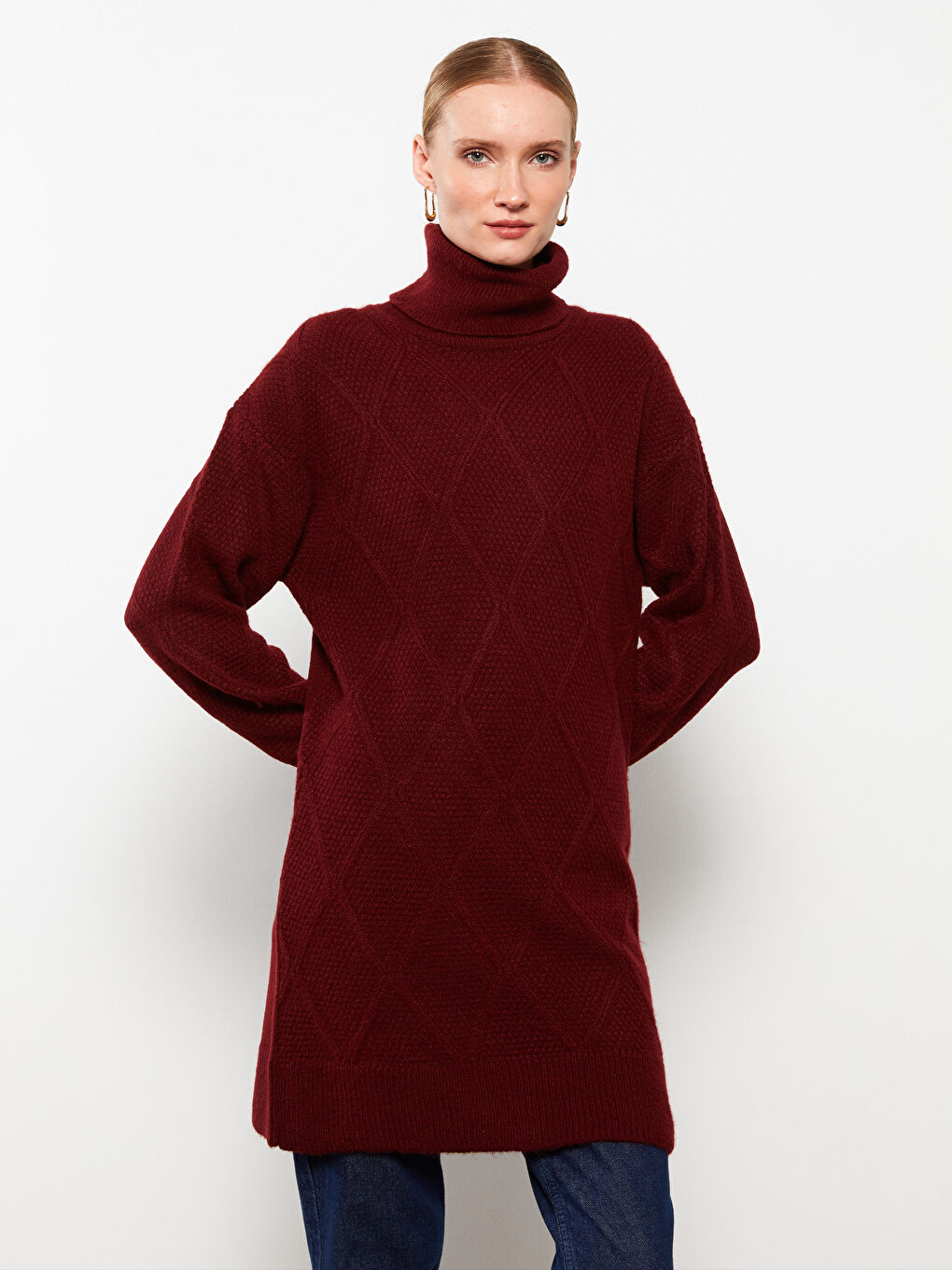 Bordo Balıkçı Yaka Kendinden Desenli Uzun Kollu Kadın Tunik-2