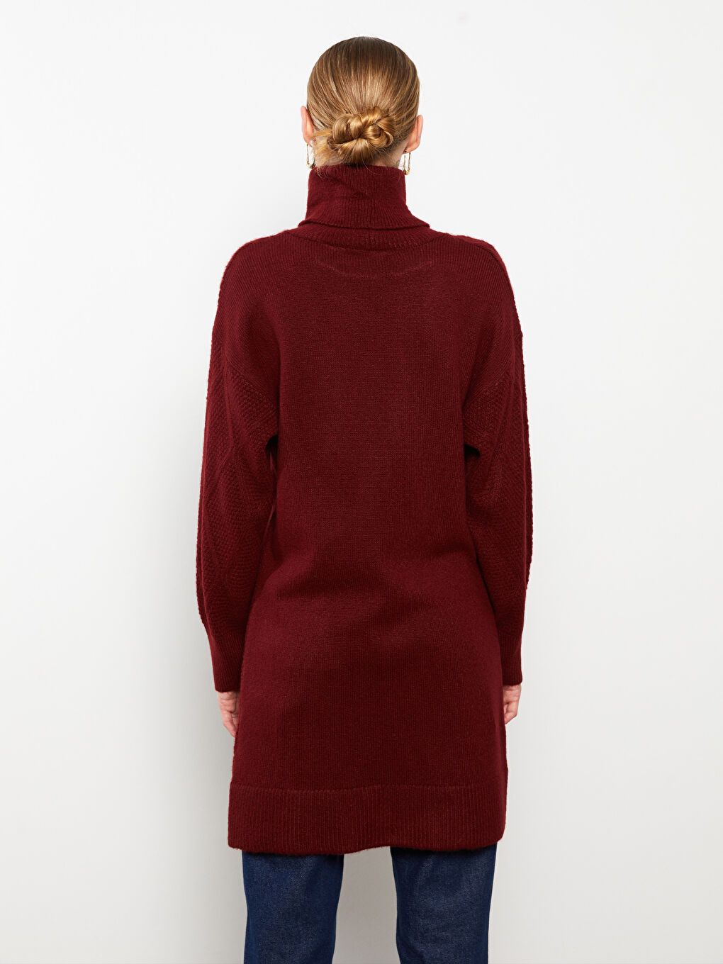 Bordo Balıkçı Yaka Kendinden Desenli Uzun Kollu Kadın Tunik-4