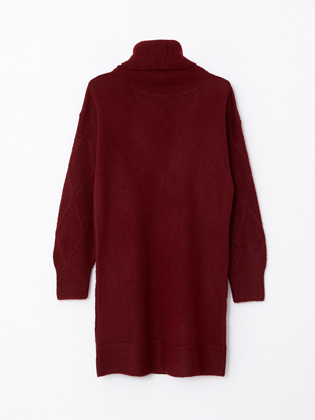 Bordo Balıkçı Yaka Kendinden Desenli Uzun Kollu Kadın Tunik-6