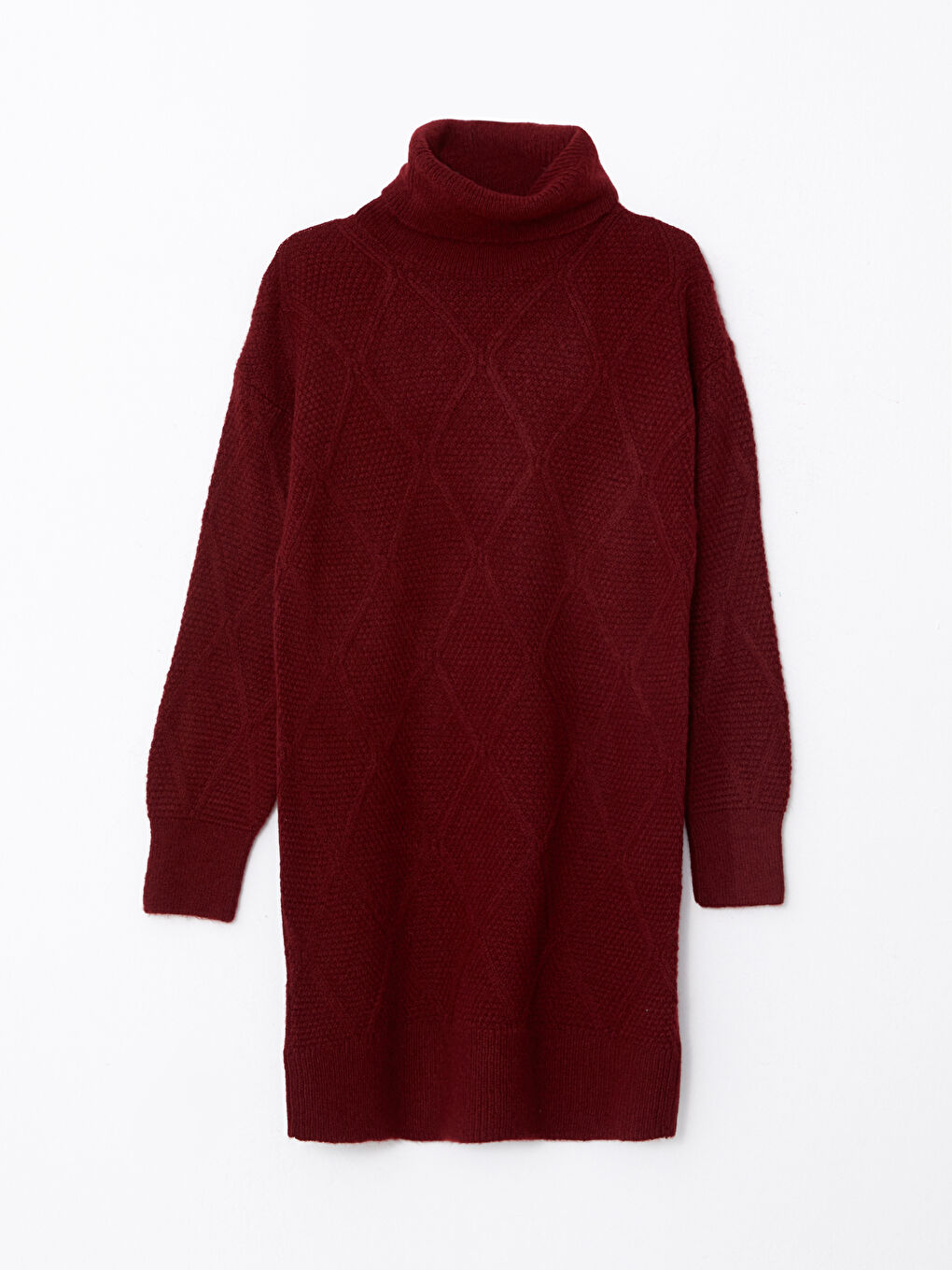 Bordo Balıkçı Yaka Kendinden Desenli Uzun Kollu Kadın Tunik-5