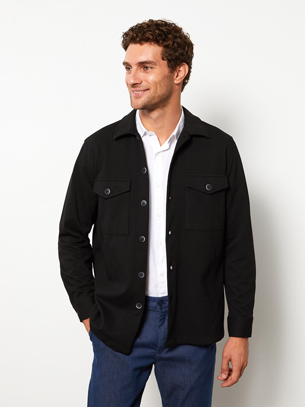 Siyah Rahat Kalıp Uzun Kollu Erkek Gömlek Ceket-1