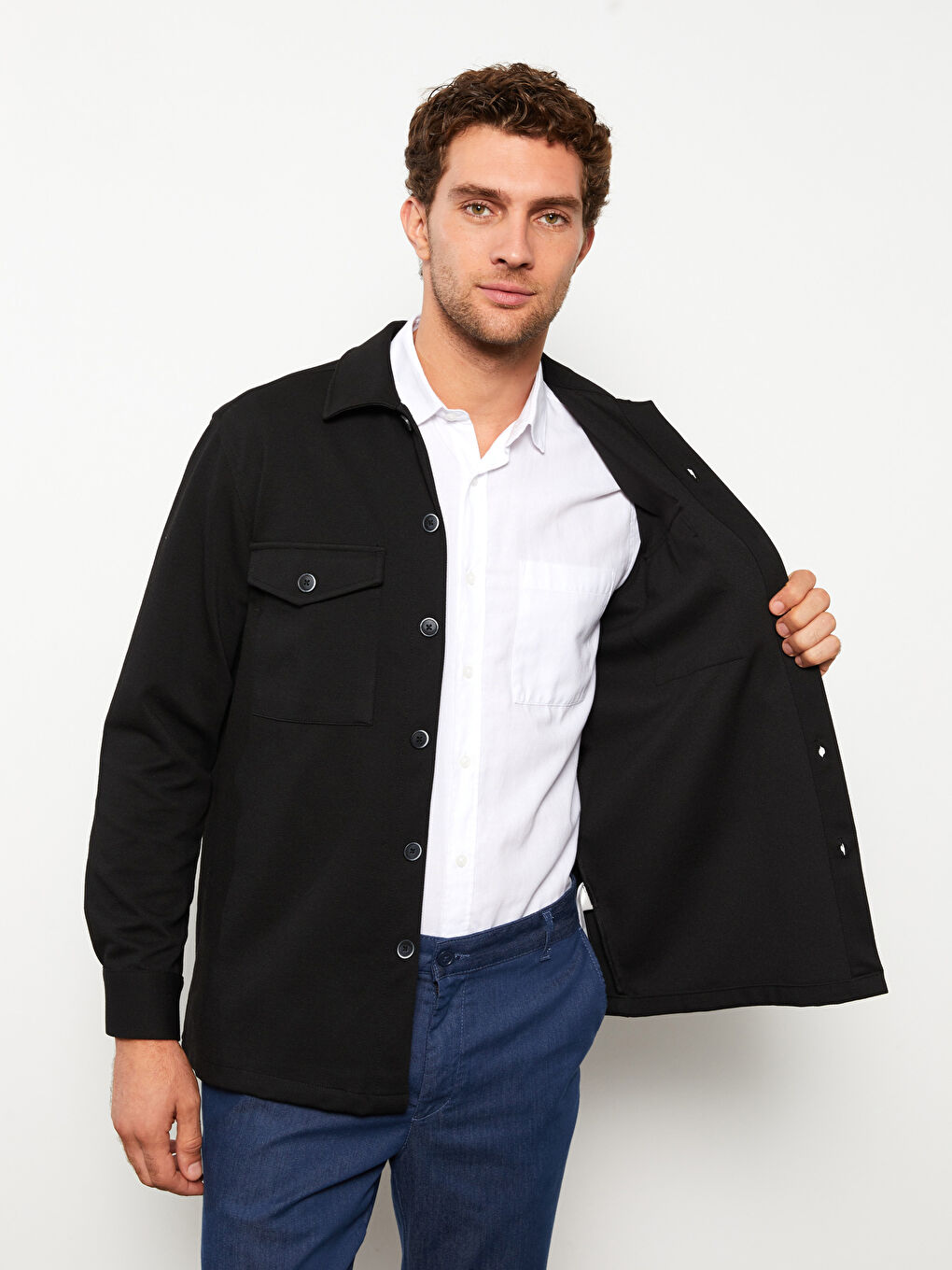 Siyah Rahat Kalıp Uzun Kollu Erkek Gömlek Ceket-2