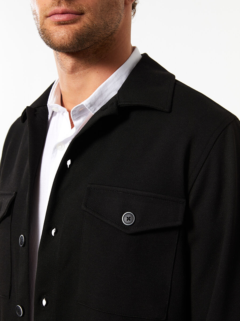 Siyah Rahat Kalıp Uzun Kollu Erkek Gömlek Ceket-3