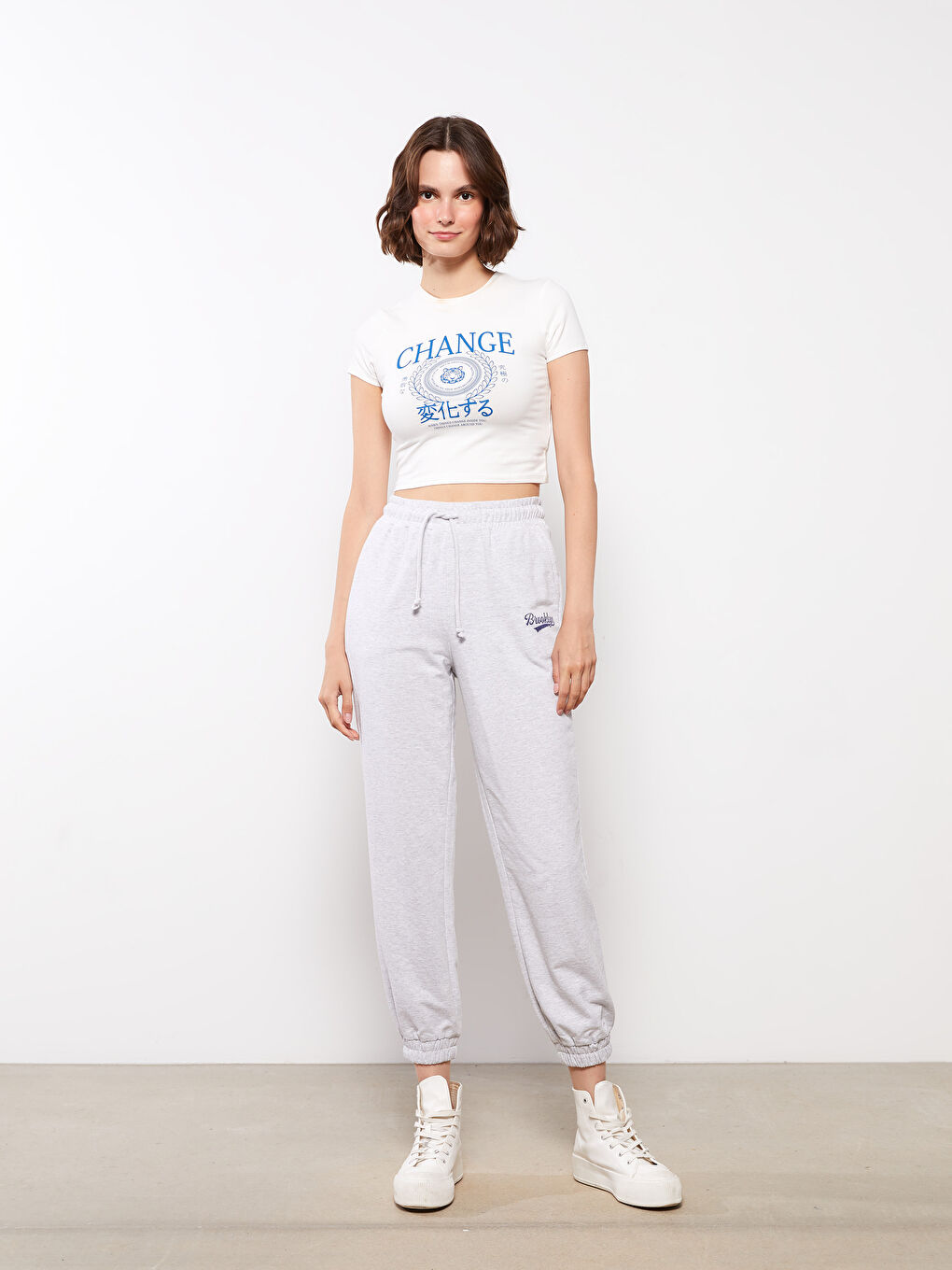 әйелдерге арналған серпімді белді принтті спорттық шалбар-1