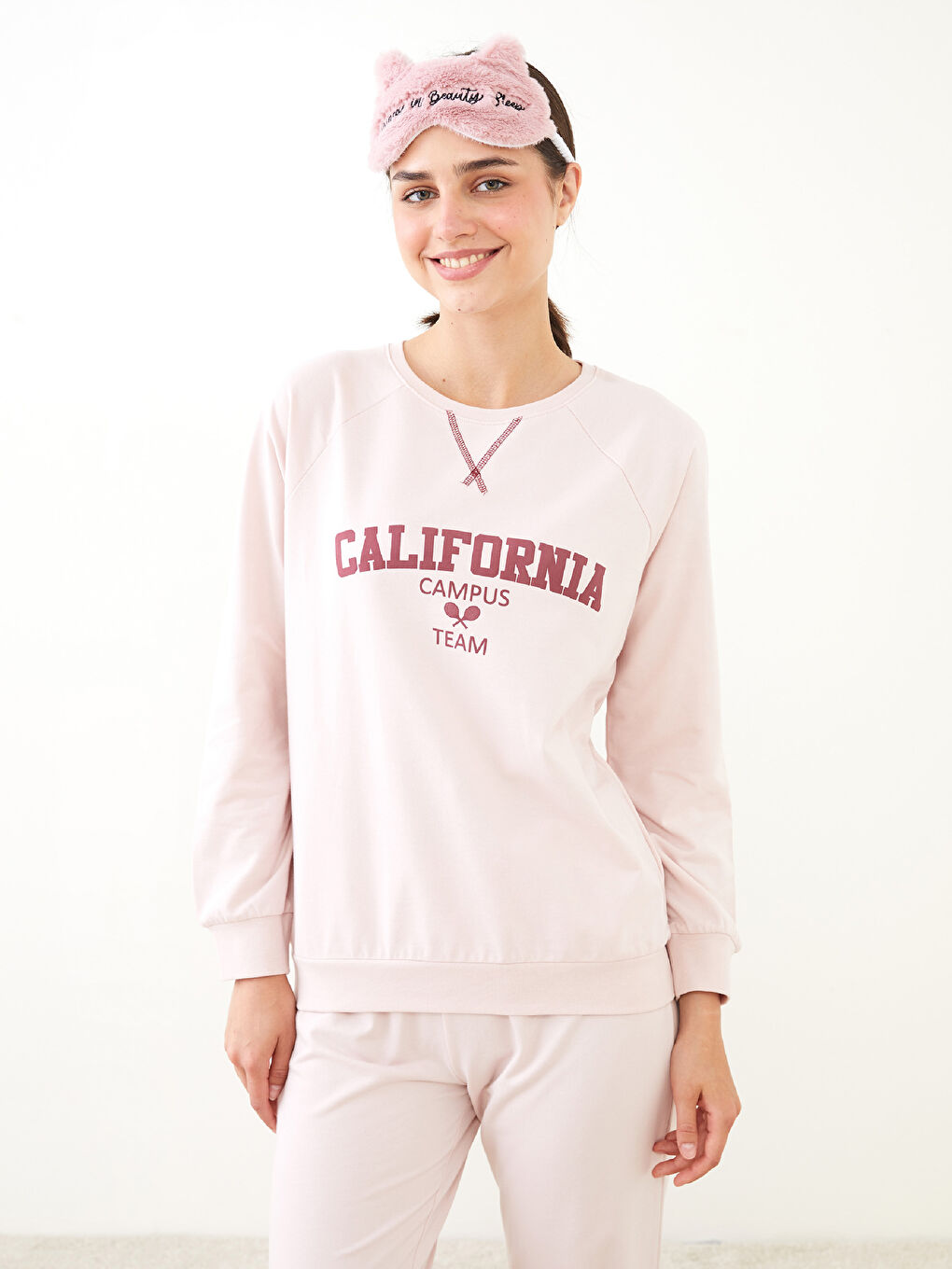 طقم بيجاما قطن كم طويل مطبوع برقبة دائرية للسيدات-2