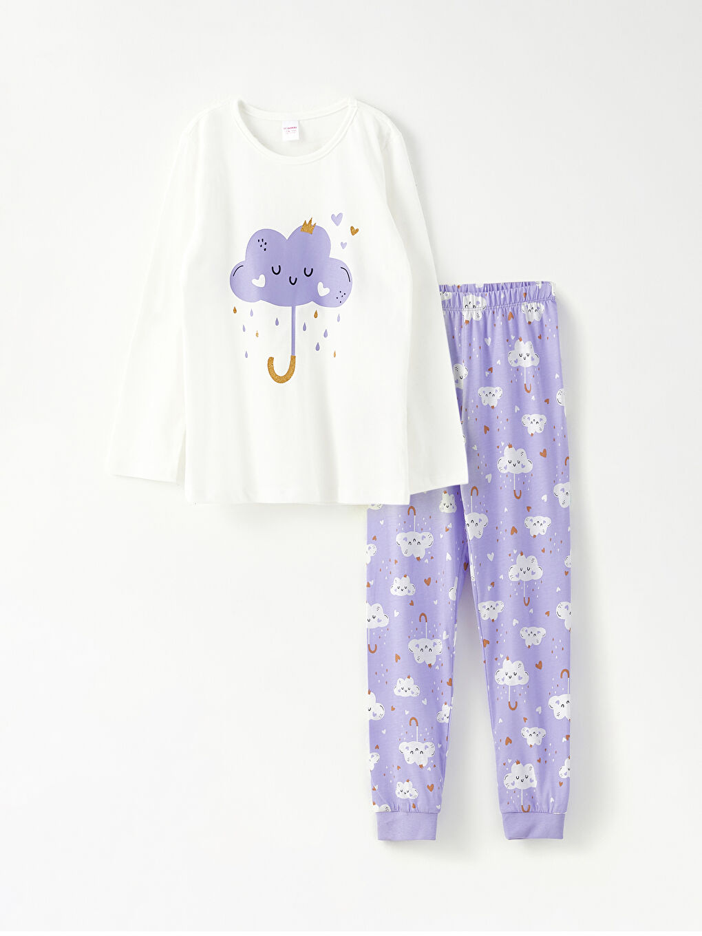 Ekru Bisiklet Yaka Baskılı Uzun Kollu Kız Çocuk Pijama Takımı