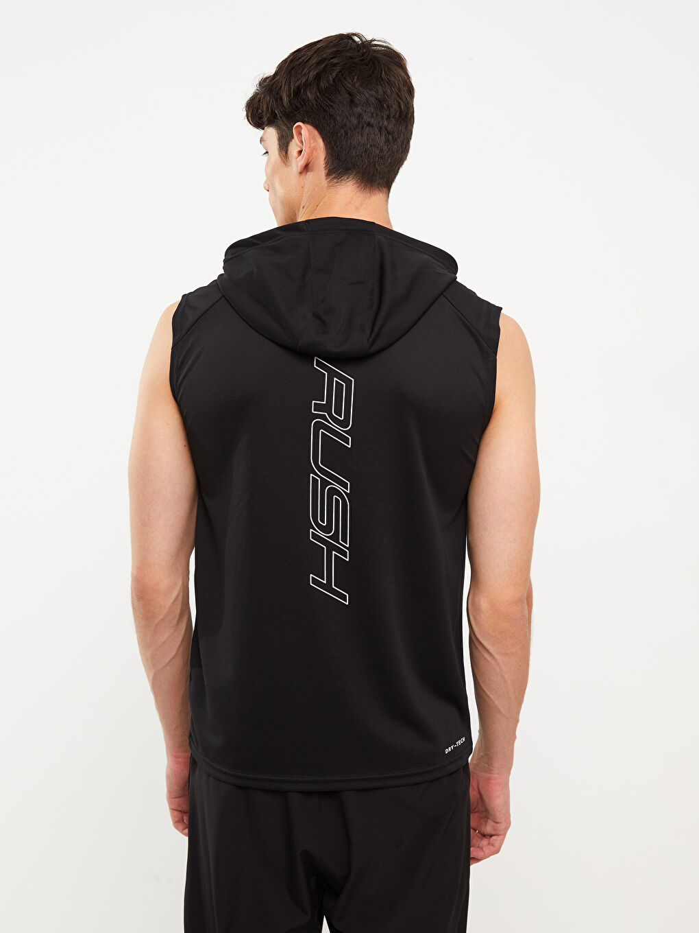 Siyah Kapüşonlu Baskılı Erkek Kolsuz Tişört-4