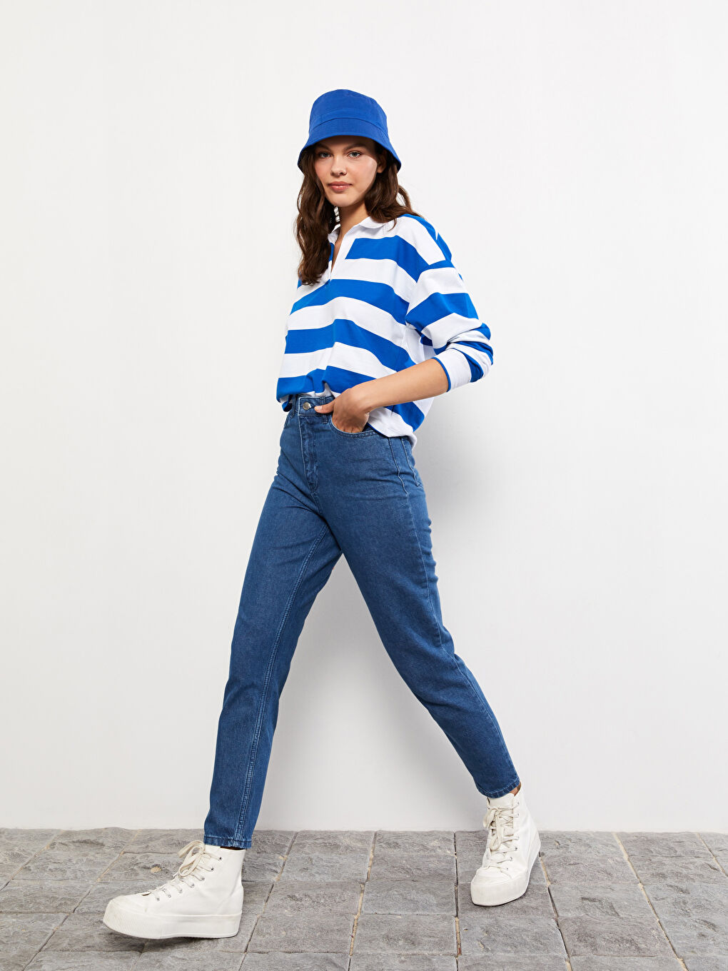 Women's High Waisted Mom Fit Regular Denim Trousers-1