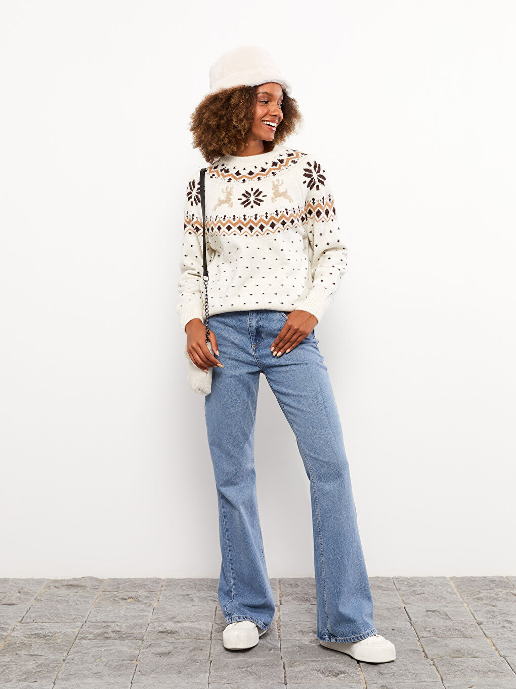 Ekru Bisiklet Yaka Desenli Uzun Kollu Kadın Triko Kazak