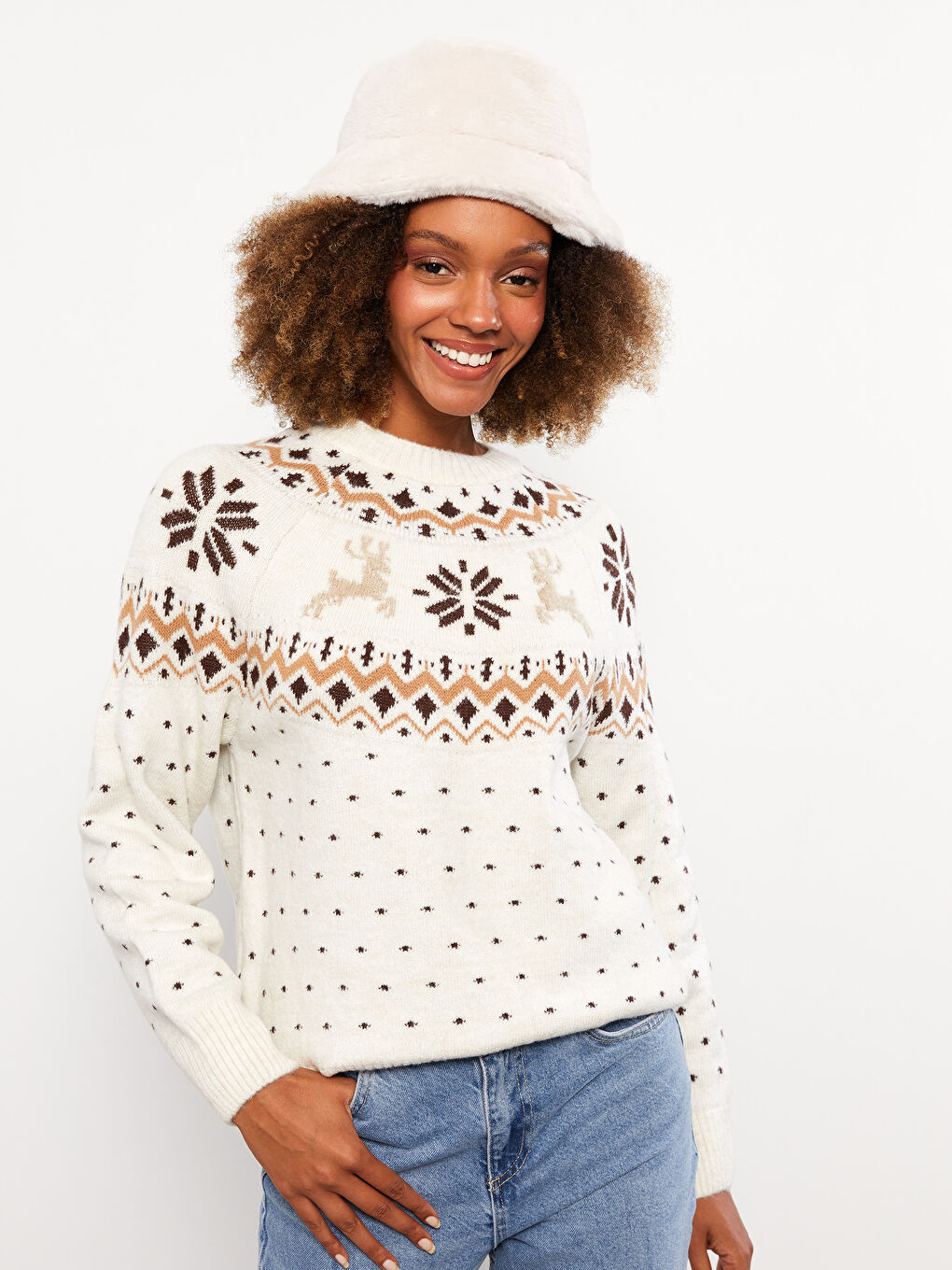 Ekru Bisiklet Yaka Desenli Uzun Kollu Kadın Triko Kazak-1