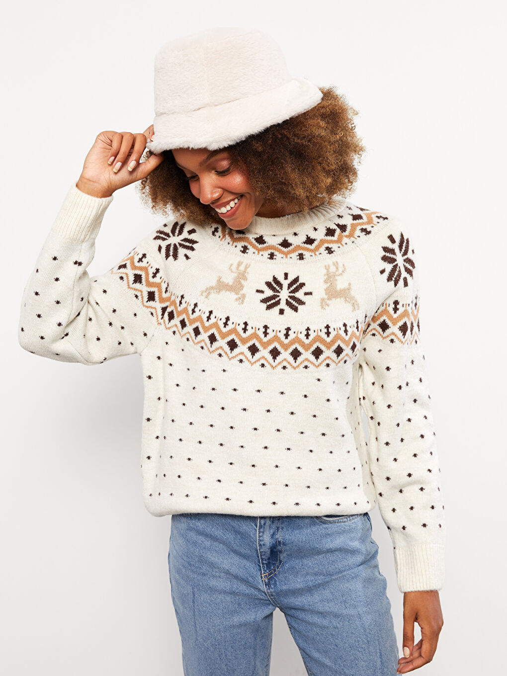 Ekru Bisiklet Yaka Desenli Uzun Kollu Kadın Triko Kazak-2