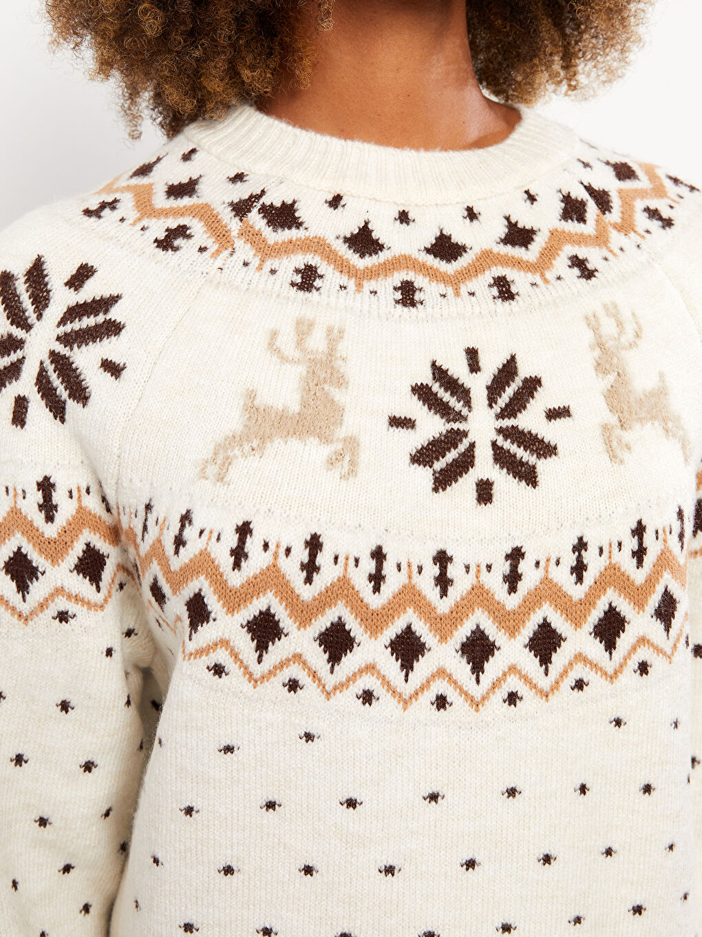 Ekru Bisiklet Yaka Desenli Uzun Kollu Kadın Triko Kazak-3