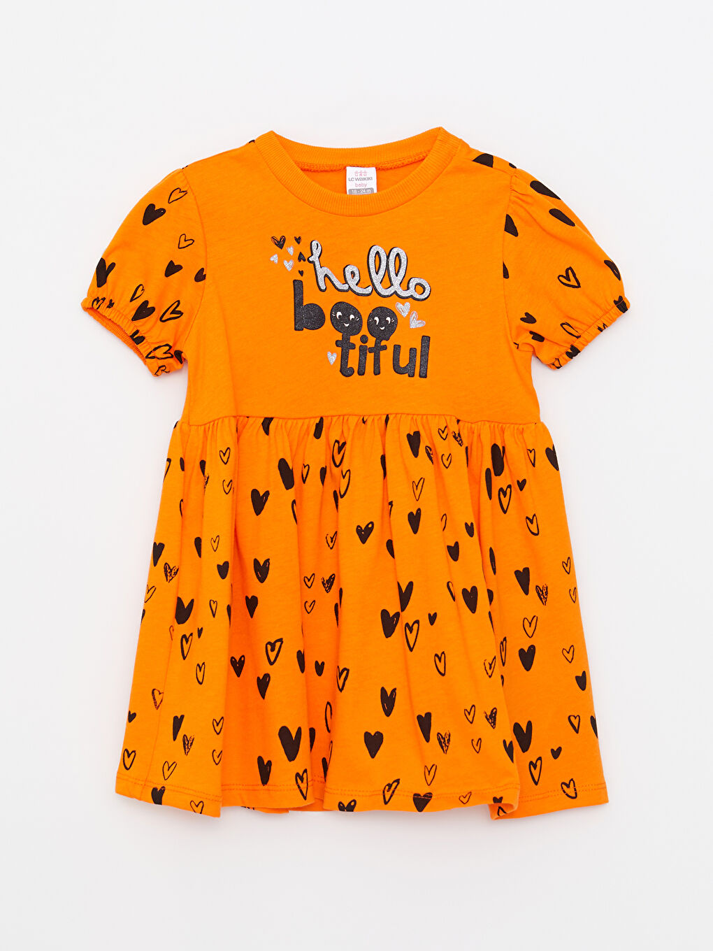 Turuncu Bisiklet Yaka Kısa Kollu Baskılı Kız Bebek Elbise