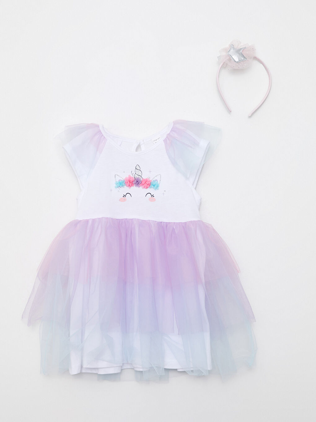 Beyaz Bisiklet Yaka Kısa Kollu Baskılı Kız Bebek Elbise ve Taç 2'li Takım