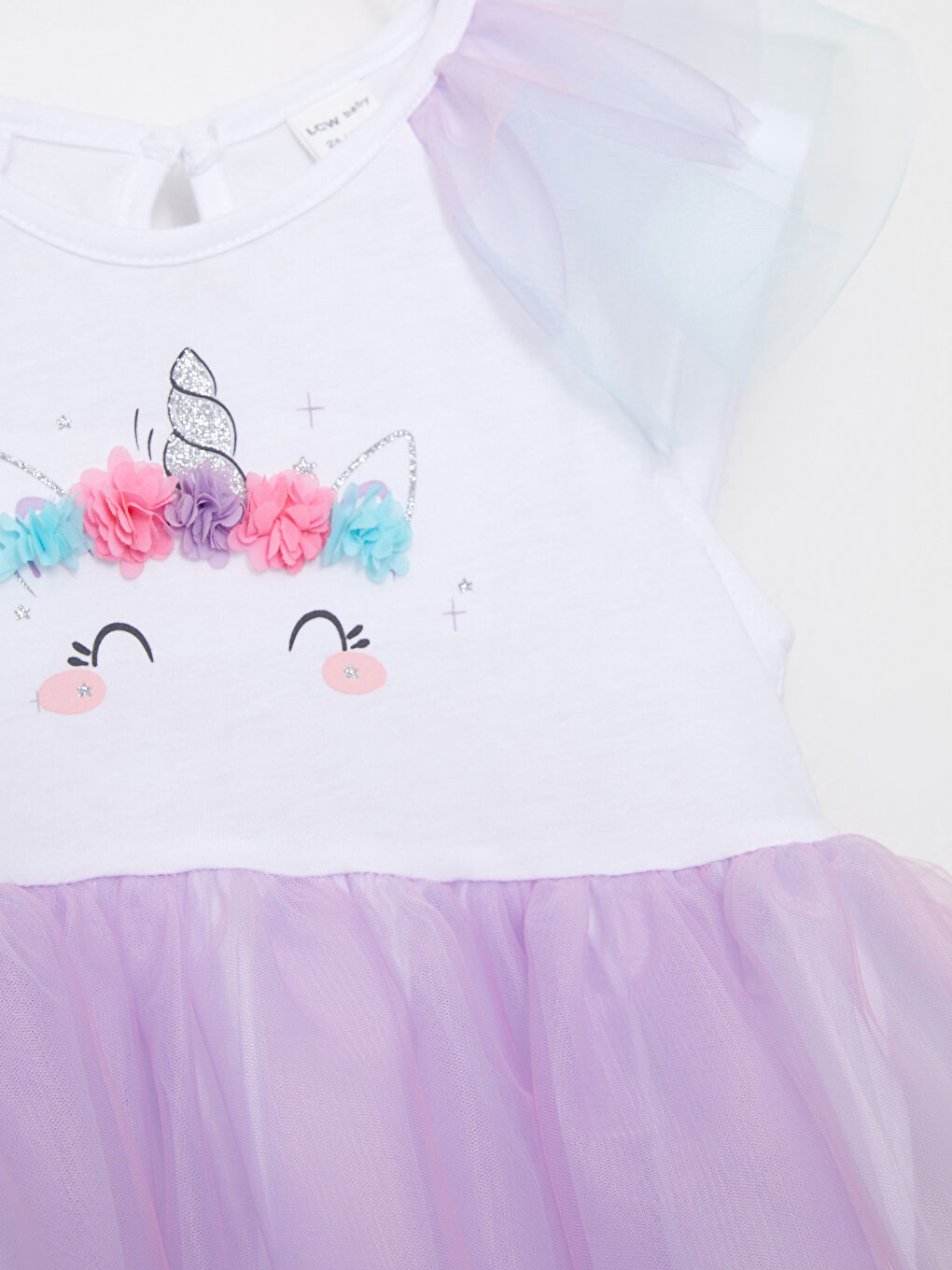 Beyaz Bisiklet Yaka Kısa Kollu Baskılı Kız Bebek Elbise ve Taç 2'li Takım-1