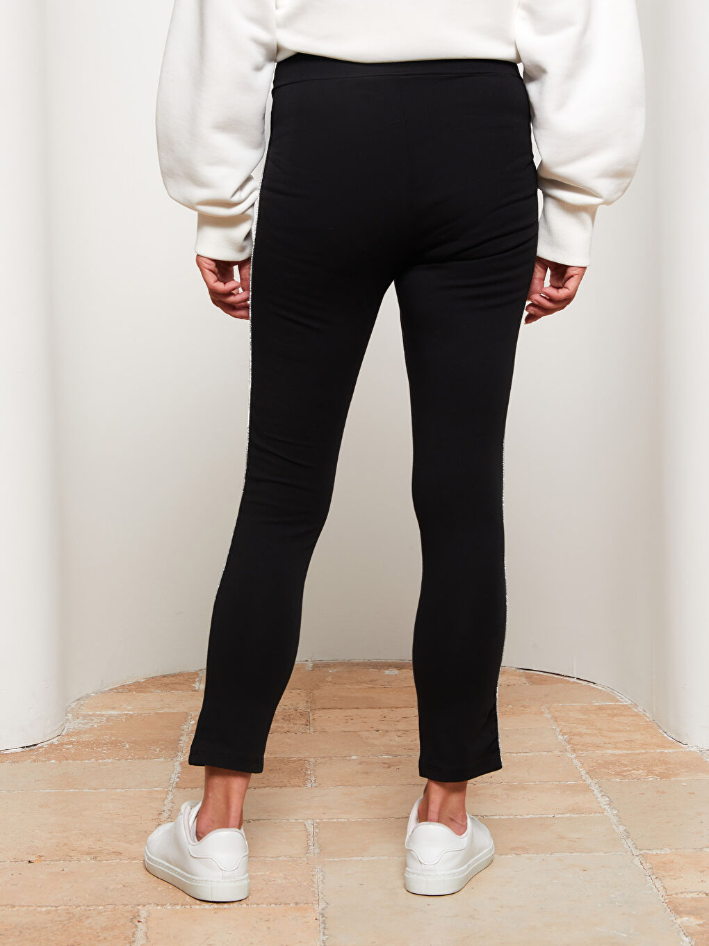 Siyah Beli Lastikli Düz Pamuklu Kadın Tayt-3