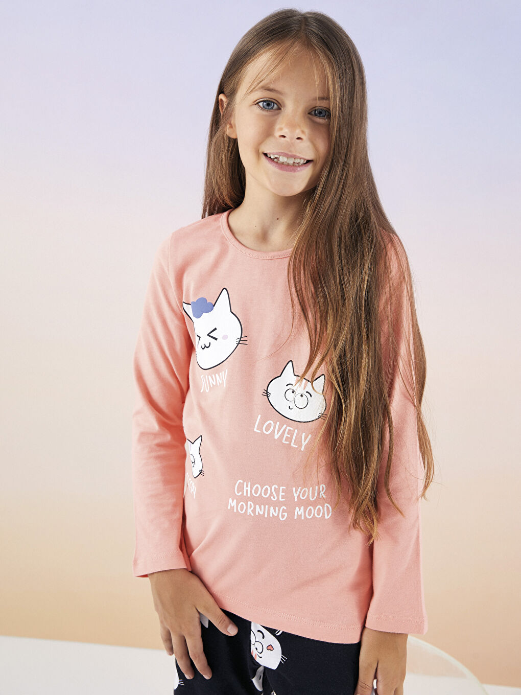 Mercan Bisiklet Yaka Baskılı Uzun Kollu Kız Çocuk Pijama Takımı-1