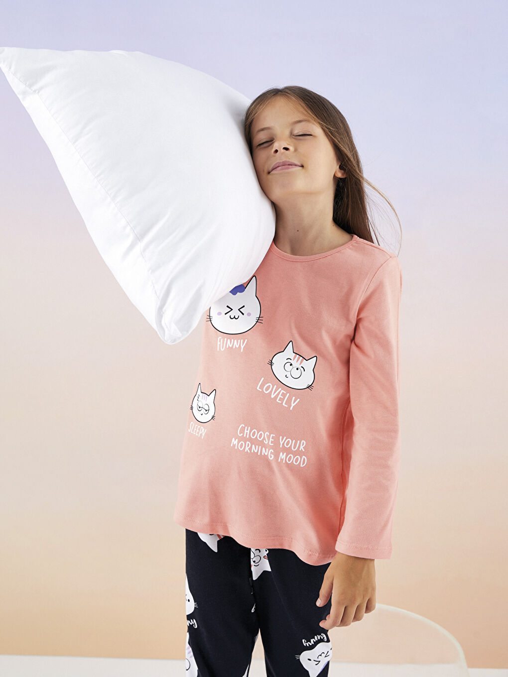 Mercan Bisiklet Yaka Baskılı Uzun Kollu Kız Çocuk Pijama Takımı-2