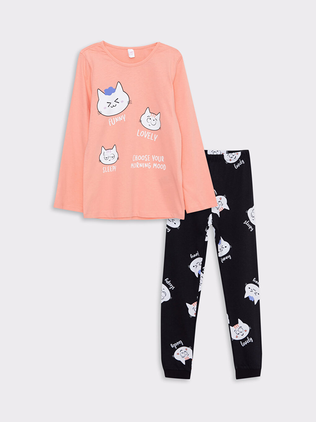 Mercan Bisiklet Yaka Baskılı Uzun Kollu Kız Çocuk Pijama Takımı-5