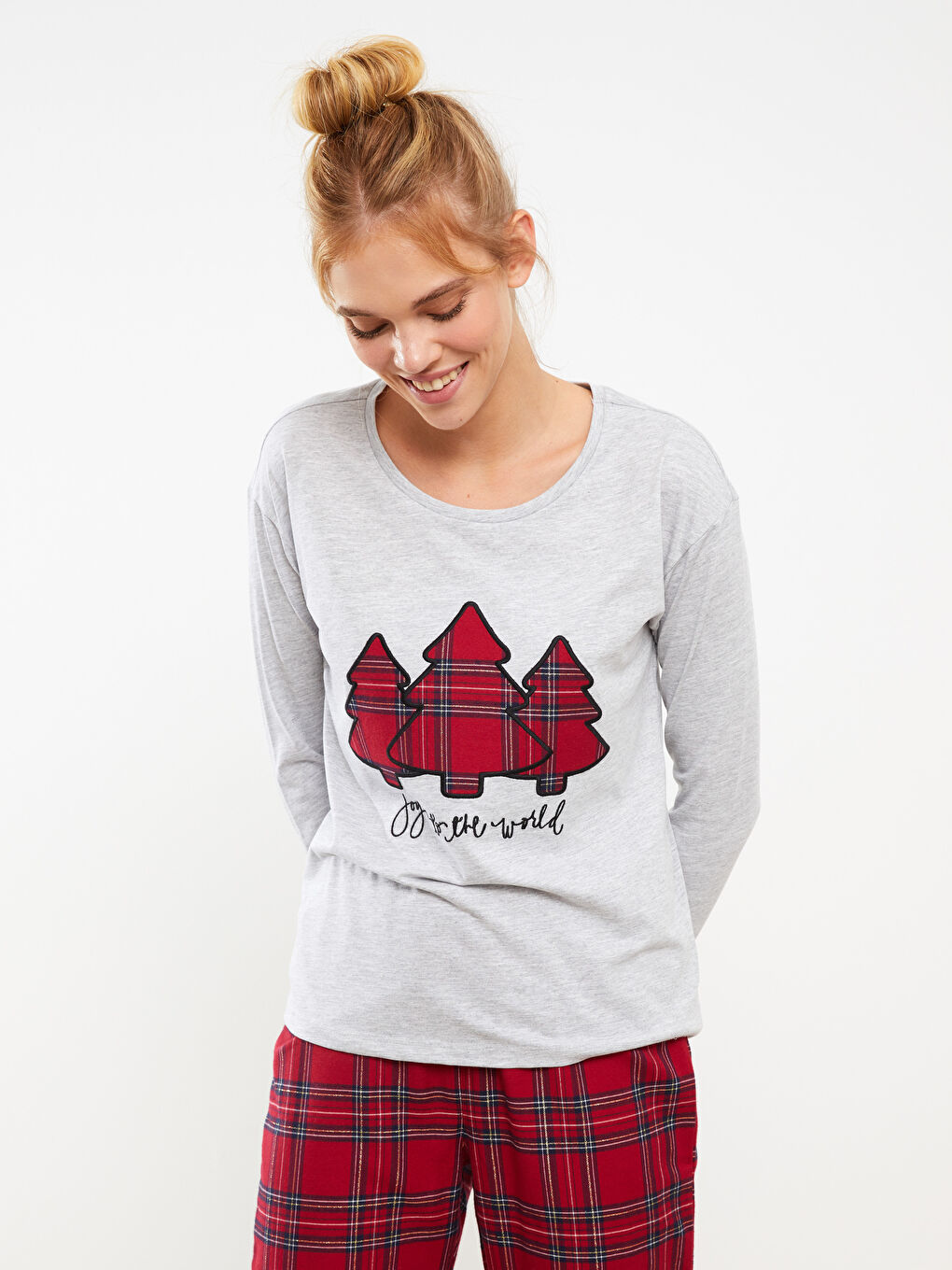 Crew Neck New Year Themed Long Sleeve Poplin Women's Pajama Set -W28605Z8-LPA