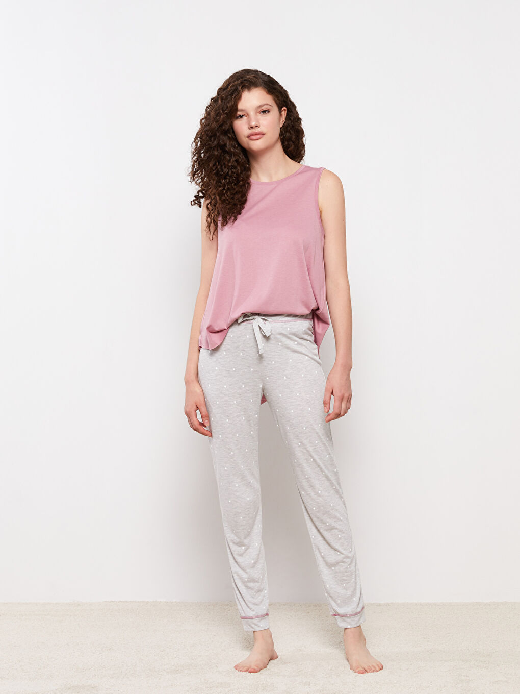 Gri Beli Lastikli Puantiyeli Kadın Jogger Pijama Alt