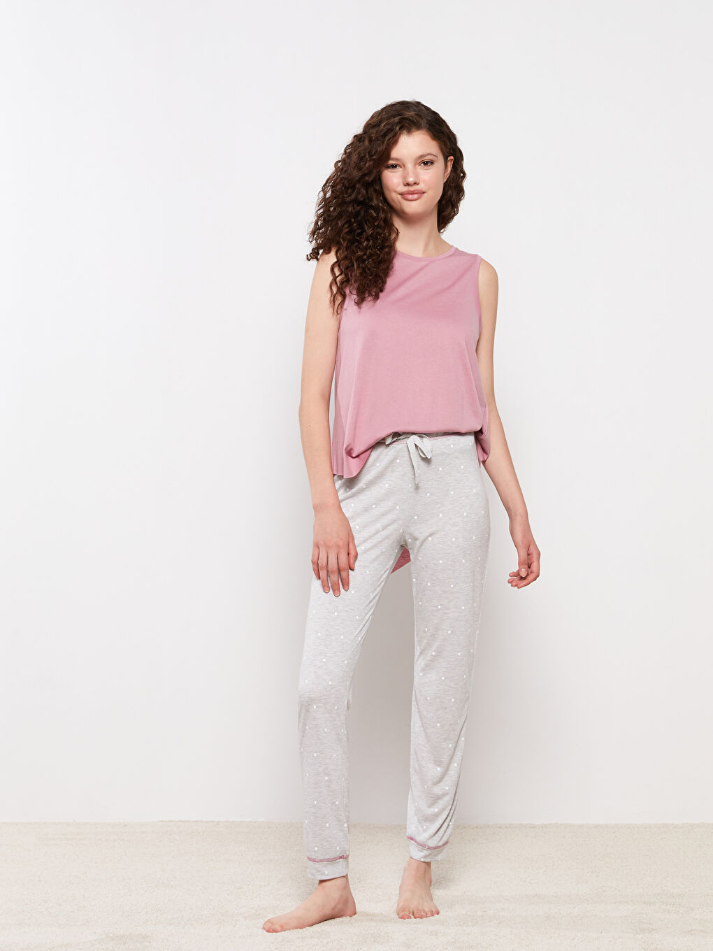 Gri Beli Lastikli Puantiyeli Kadın Jogger Pijama Alt-1