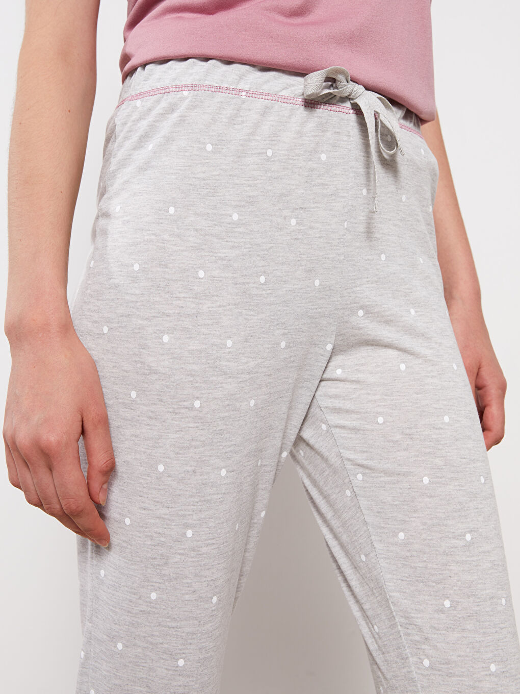 Gri Beli Lastikli Puantiyeli Kadın Jogger Pijama Alt-2