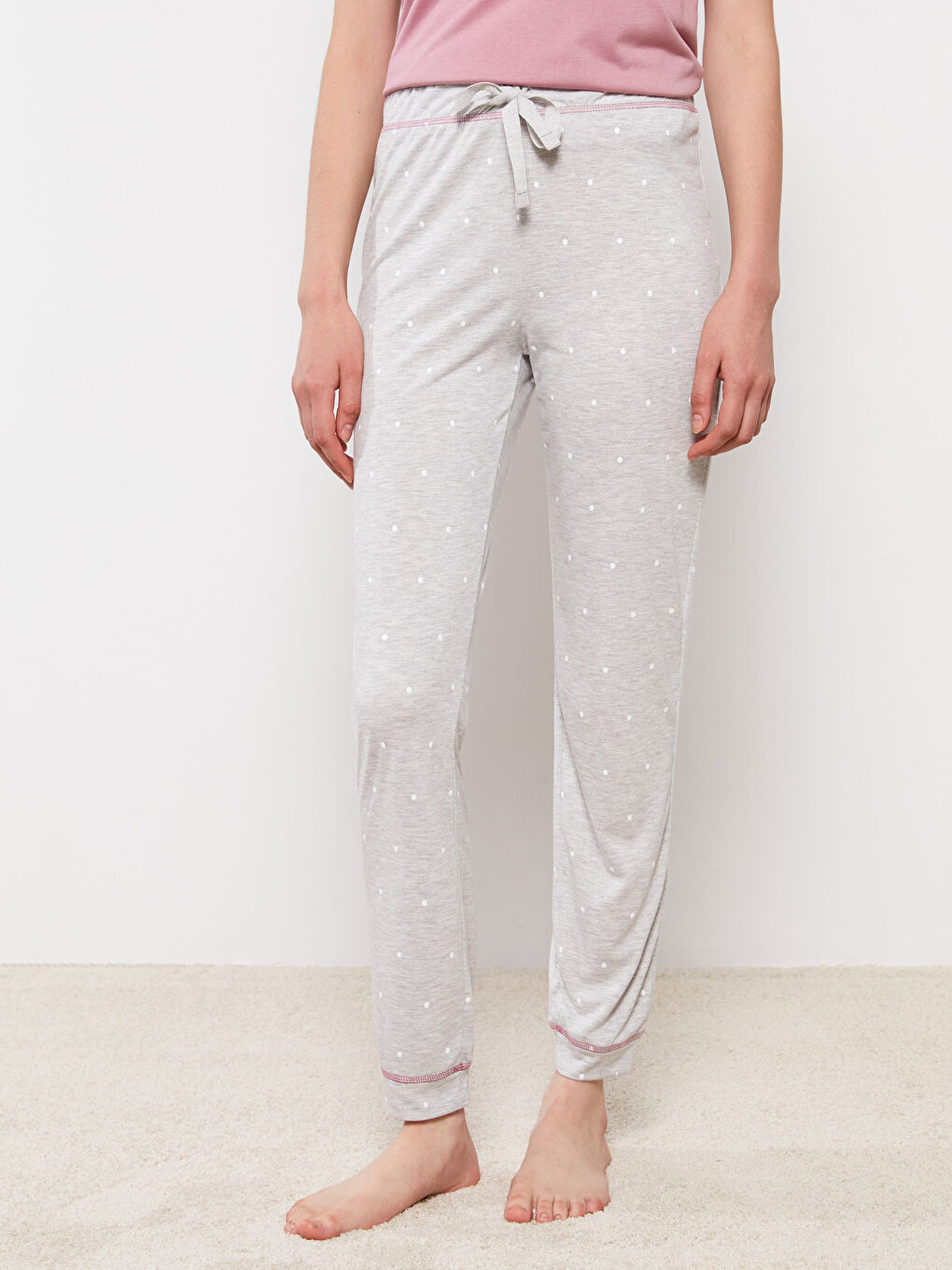 Gri Beli Lastikli Puantiyeli Kadın Jogger Pijama Alt-3