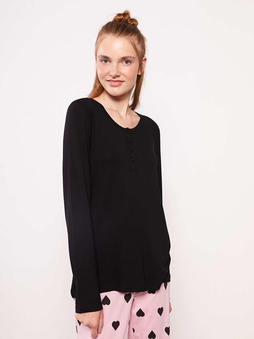 Siyah Bisiklet Yaka Düz Uzun Kollu Kadın Pijama Üst-2