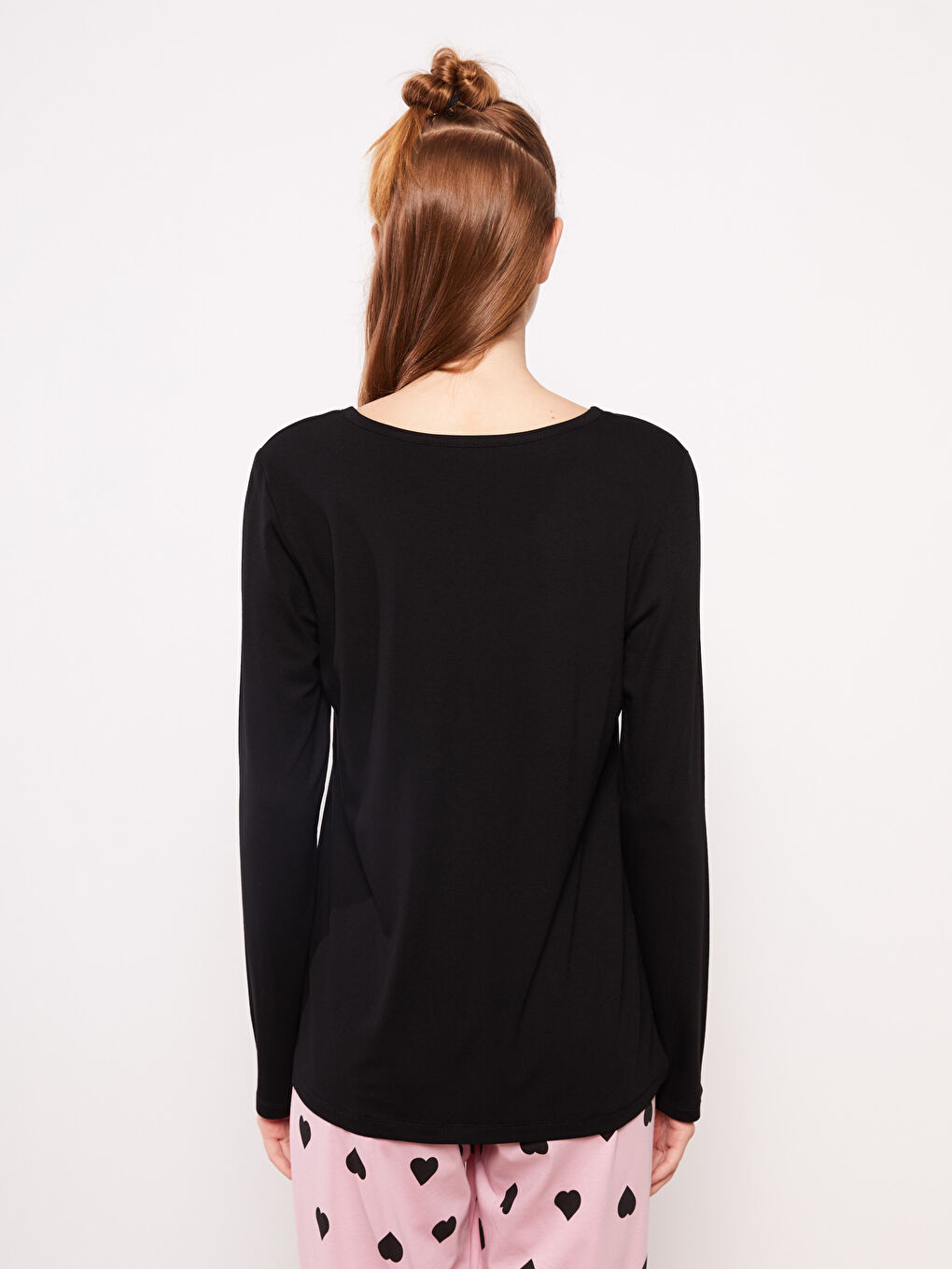 Siyah Bisiklet Yaka Düz Uzun Kollu Kadın Pijama Üst-5