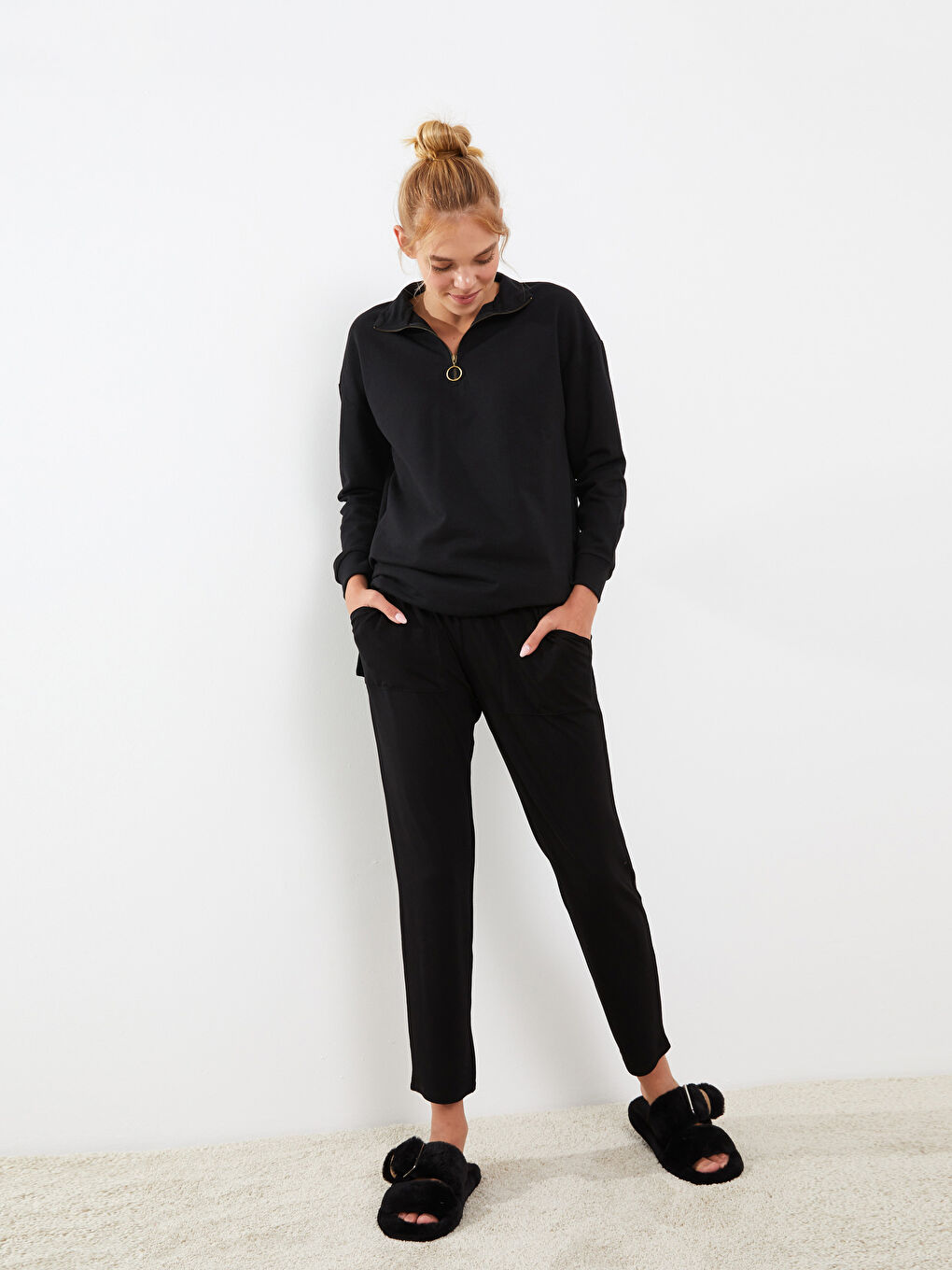 Siyah Kadın Beli Lastikli Düz  Pijama Altı