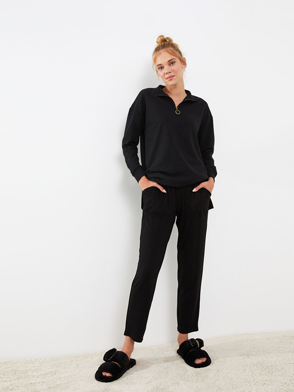 Siyah Kadın Beli Lastikli Düz  Pijama Altı-1